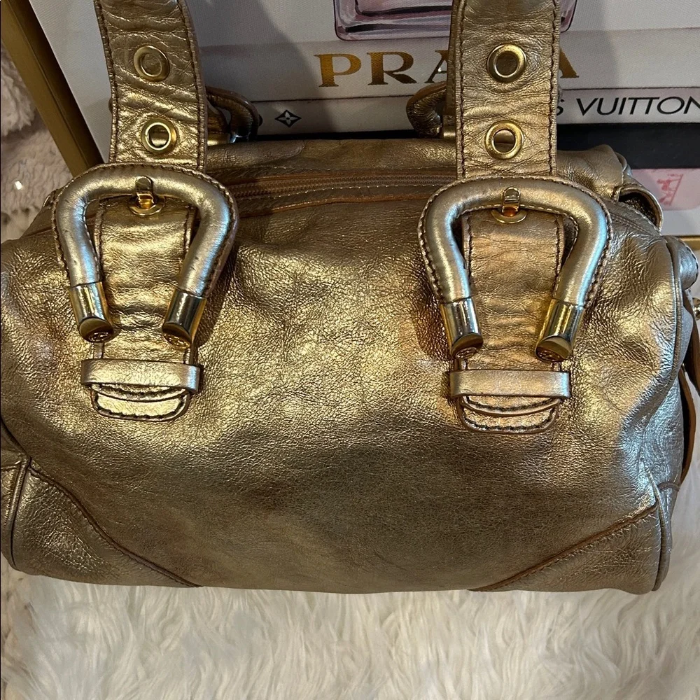 Francesco Biasia Gold Metallic Leather Satchel Shoulder Bag Structured handbag